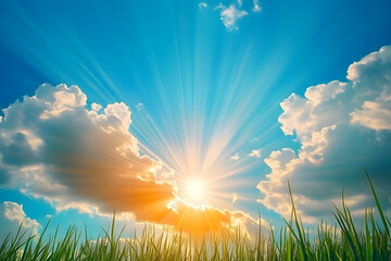 Obraz premium The sky has the light of the sun, the sky is blue, there are small and large clouds alternating and moving slowly, with the sunlight passing, creating a miraculous abstract shape, a hot day.. High