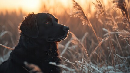 Black dog sunset field winter grasses portrait