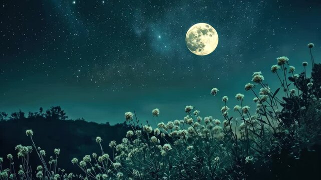 Starlit night sky revealing the Milky Way with a bright moon above blooming bushes, Amazing Bushes Night Sky Milky Way Moon and Stars Time Lapse