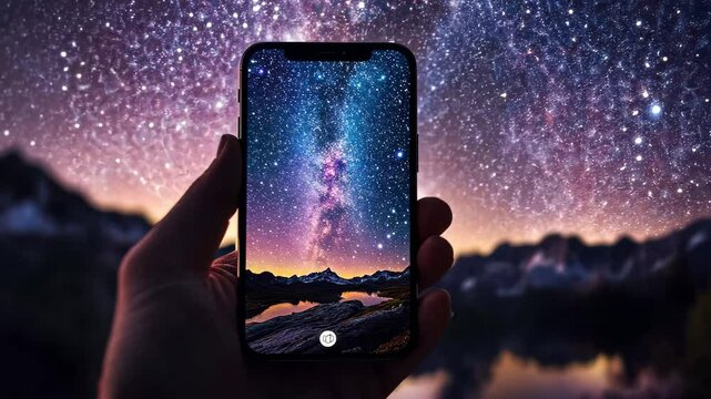 Galaxy space live wallpaper showcasing a stunning night sky with nature and a smartphone display, galaxy space live wallpaper for phone with nature landscape background ing