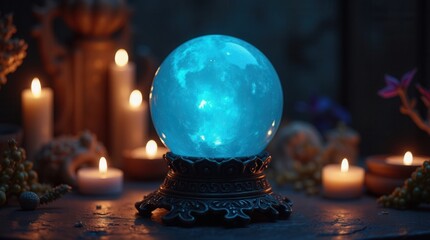 Mystical glowing crystal ball on ornate stand surrounded by candles