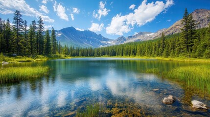 Fototapeta premium Calm mountain lake reflecting sunny sky
