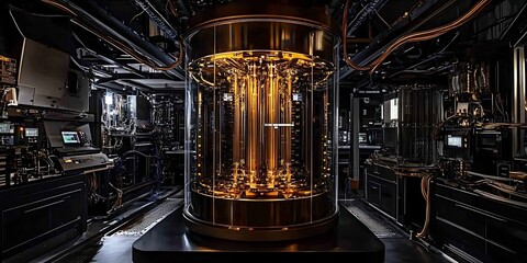 Quantum Computing System Chamber with Golden Interior and Complex Electrical Hardware Setup