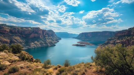 Fototapeta premium Canyon lake scenic vista, sunny sky, desert plants