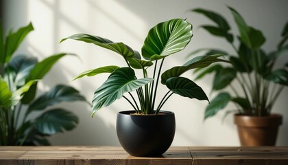 Fototapeta premium Lush Green Philodendron Plant in a Modern Black Pot, Indoor Plant Decor