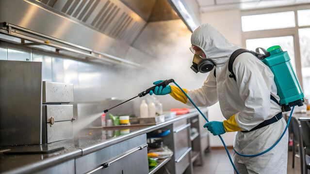 Pest control worker in an industrial kitchen, applying the control substance.