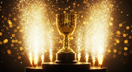 golden trophy shining brightly on a podium with fireworks and confetti celebrating a grand victory.generative ai
