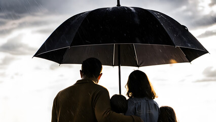 A man and his family under an umbrella, depicting insurance or saving for family sustainability