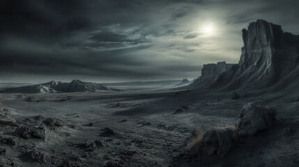 Obraz premium Desolate landscape, sunlit cliffs, stormy sky, game background