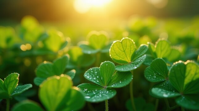 Peaceful green clovers glistening with morning dew in sunlit field