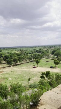 View of the surrounding area of Indian temple from the mountain in Karnataka 