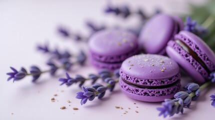Dreamy lavender macarons with fresh flowers on white table © Caspernik