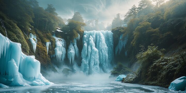Majestic Frozen Waterfall Displaying Winter's Icy Grip on Nature's Beauty