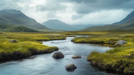 Highland stream flows, misty mountains