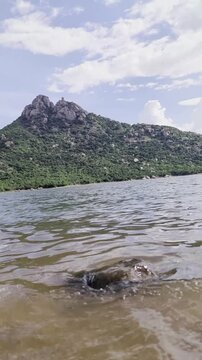 View of the surrounding area of Indian temple from the mountain in Karnataka 