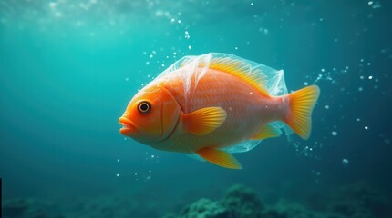 Peaceful orange fish swimming in plastic waste underwater