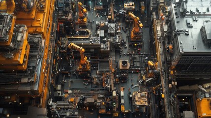 Aerial View of Industrial Facility with Robotic Arms and Complex Machinery in a High-Tech Manufacturing Environment
