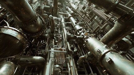 Intricate Network of Industrial Pipes and Machinery in a Dimly Lit Refinery Environment