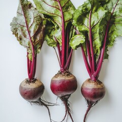 Fresh Beetroots with vibrant green leaves on white background.