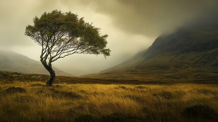 Obraz premium Lone tree, windswept highland, moody sky, nature poster