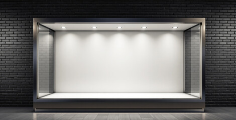 Obraz premium Empty glass display case with clean white interior and ceiling spotlights, placed against dark brick wall background, concept of modern exterior design. Ai generative