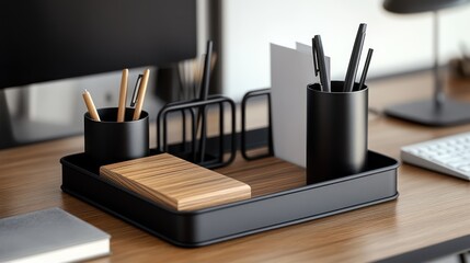 A small desk setup featuring matte black metal organizers a wood-grain pen holder and a neutral paper tray for minimal clutter