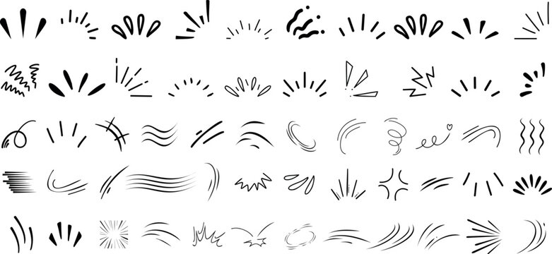 Comic line sparkle and movement elements set. black ink motion accents, burst effects, and dynamic hand drawn stroke symbols perfect for manga, cartoon, or pop art vector illustration projects