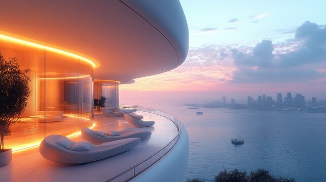 Futuristic Balcony with Smart Climate Adaptation at Sunset. Generative AI