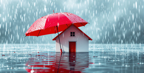 Small house with red door protected by large red umbrella in heavy rain, photorealistic style, on a flooded water surface with stormy background. Ai generative