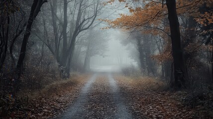 Fototapeta premium Misty autumn road, forest path, leaves, fog, nature, mystery, travel