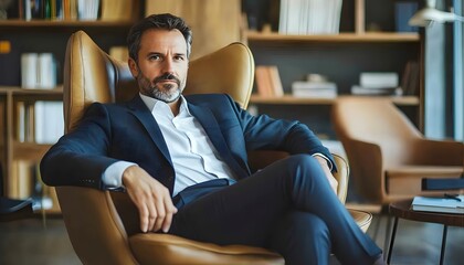 Confident Businessman Sitting in Modern Lounge Chair in Office Space