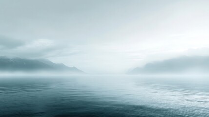 Fototapeta premium Misty fjord, serene waters, mountains, calm sea, travel background