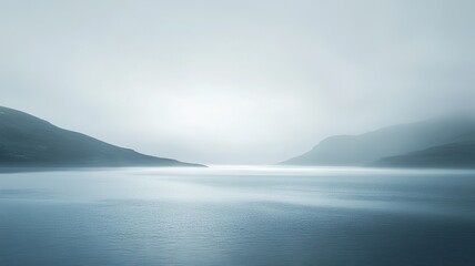 Fototapeta premium Misty fjord sunrise, tranquil water, mountains