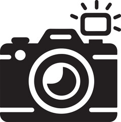 Silhouette vector of a classic camera with flash icon, perfect for photography, media, app UI, logo design, and digital content creation projects.