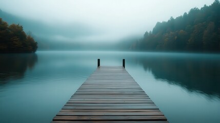 Fototapeta premium Misty lake pier, autumn forest, tranquil scene, calm water, peaceful mood