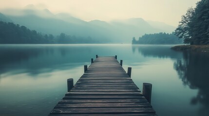 Fototapeta premium Misty lake pier, mountain backdrop, calm, serene