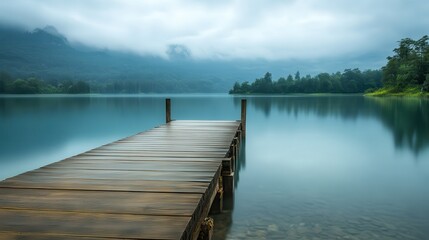 Naklejka premium Misty lake pier, mountains, serene
