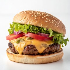 Classic Cheeseburger with Fresh Ingredients: Juicy Patty in a Golden Sesame Seed Bun, Served Deliciously