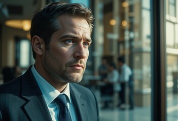 Fototapeta premium Businessman contemplating future inside a modern office building in daylight