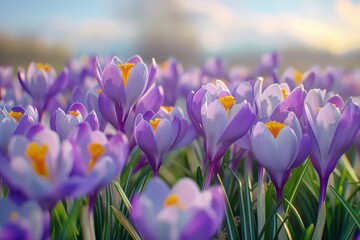 Vibrant purple crocuses blooming in a sunny spring meadow