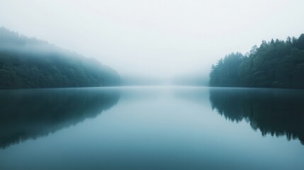 Fototapeta premium Misty lake reflection, serene forest, tranquil dawn, nature scene, wallpaper
