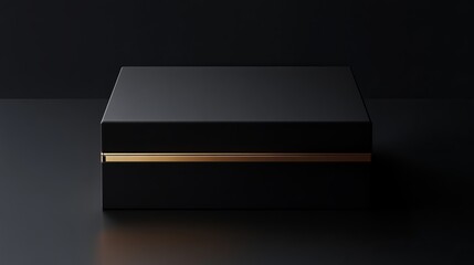 A sleek black box with a gold accent band on a dark surface in a studio setting for presentation