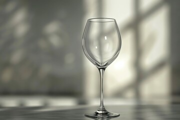 Clean crystal wine glass on a table with soft shadows, illuminated by morning light in a tranquil setting
