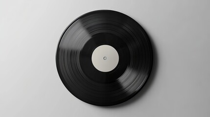 Fototapeta premium A black vinyl record with a white label centered on a light gray surface in a studio setting