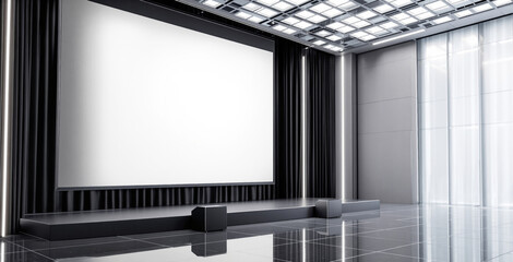 Large blank screen on stage in modern conference hall interior, clean light background with curtains and reflective floor, concept of presentation or mockup. Ai generative