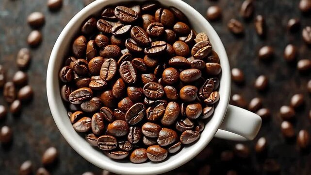 Coffee beans fill a cup in a seamless stock video background for a warm atmosphere, coffee beans on cup video stock background Seamless ing time-lapse quality