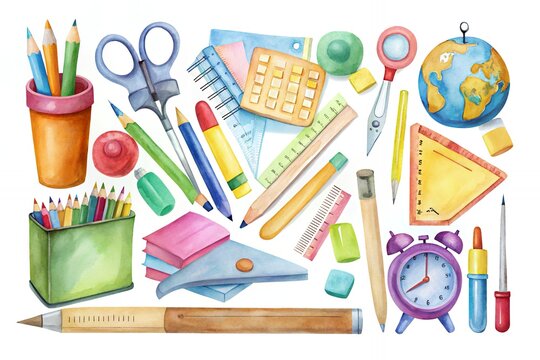 A cheerful collection of watercolor school supplies, ready for a new academic year, bursting with bright colors and playful designs.