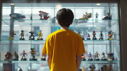 Adolescence and Hobby: young boy in a yellow T-shirt gazing at his favorite action figure model on the shelf at toy store. Plastic figure collection, entertainment, shopping time concept.