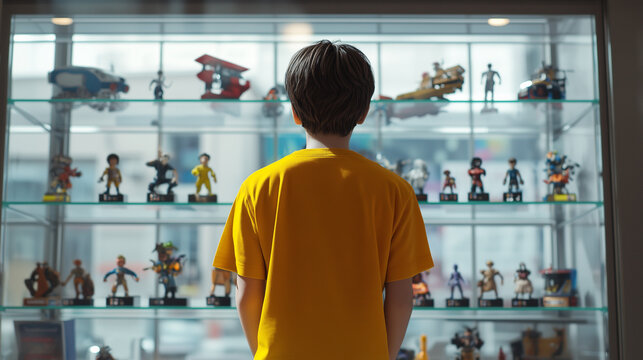 Adolescence and Hobby: young boy in a yellow T-shirt gazing at his favorite action figure model on the shelf at toy store. Plastic figure collection, entertainment, shopping time concept.