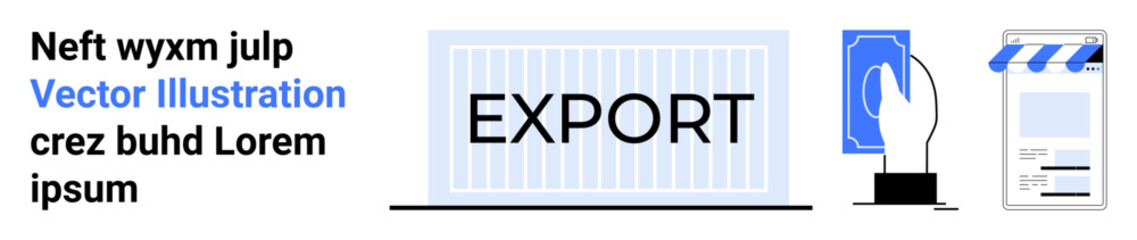 Container labeled EXPORT, hand interacting with a digital screen, and a document representation. Ideal for trade, logistics, technology, digital applications, commerce, global business simple